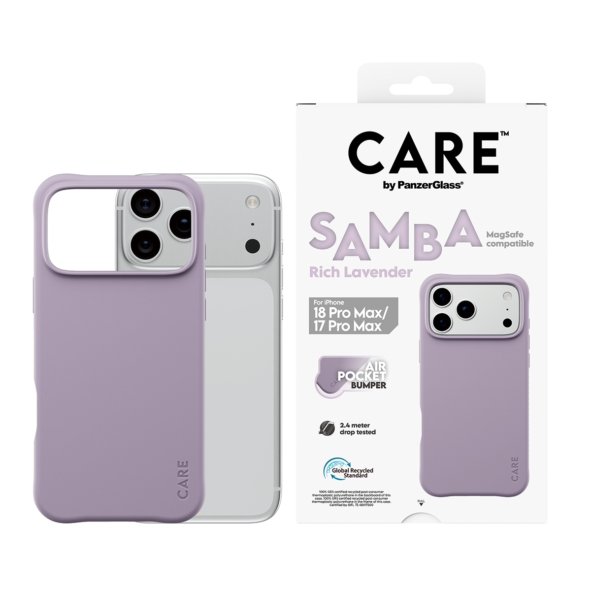 Mor renkli Care by PanzerGlass telefon kılıfı ve ambalajı.