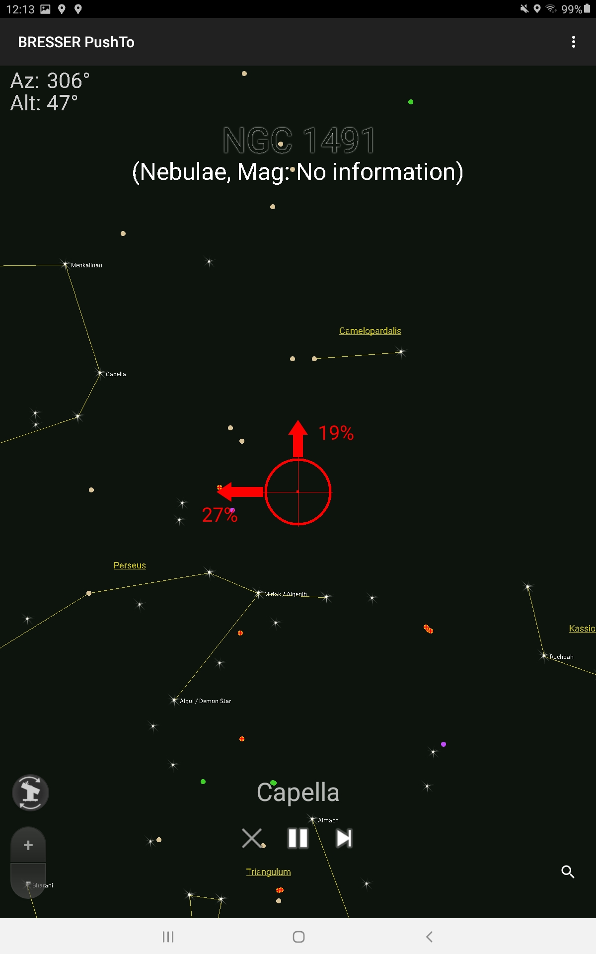 Mapa estelar con un círculo de búsqueda rojo y porcentajes.