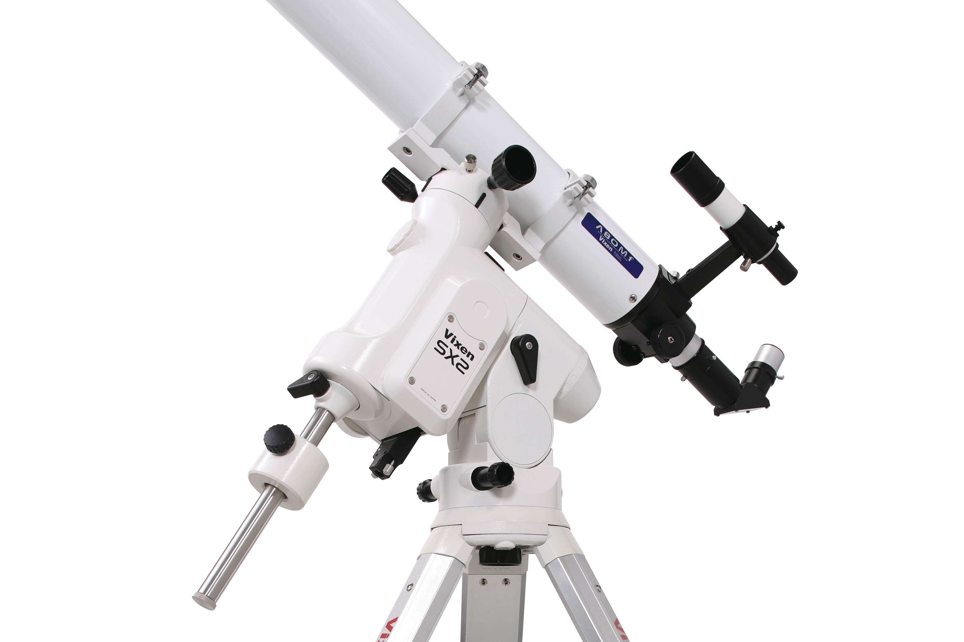 Un telescopio blanco Vixen SX2 en un trípode sobre fondo blanco.