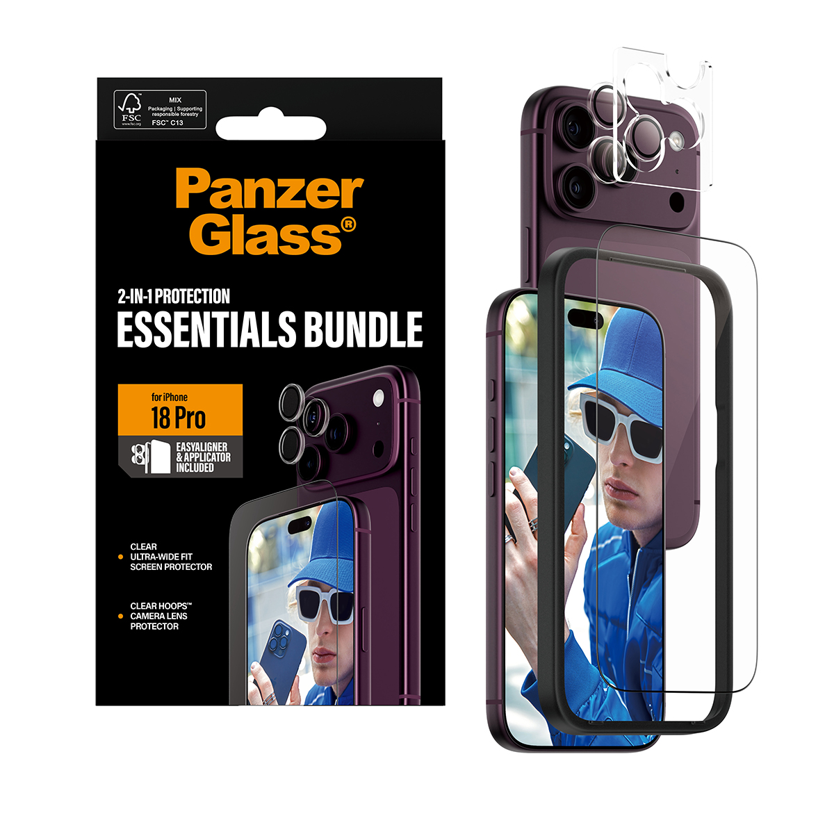 Ekran ve kamera koruyuculu iPhone 18 Pro için PanzerGlass Essentials Paketi.