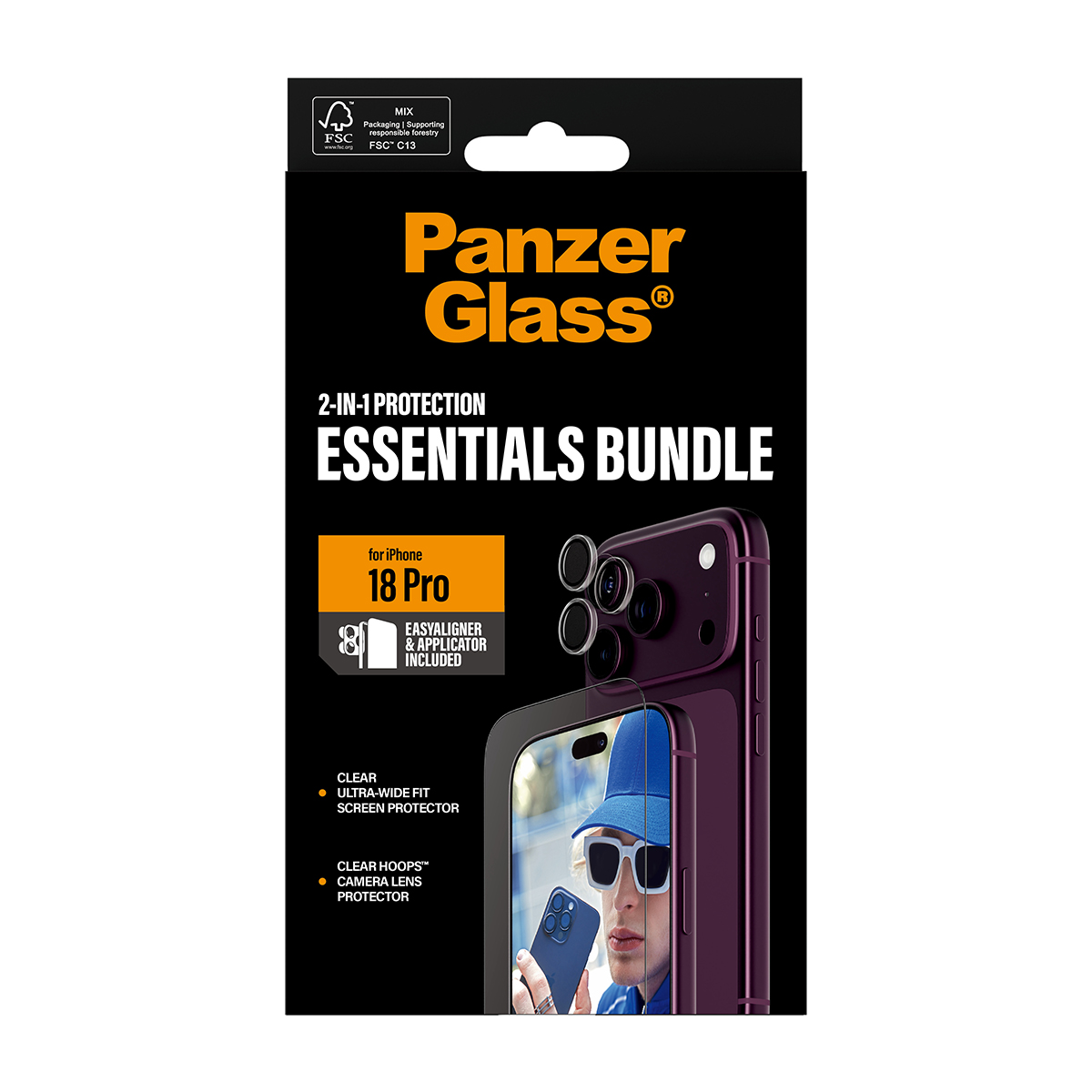 Kutuda ekran koruyucu ve kamera lens koruyuculu iPhone 18 Pro için PanzerGlass Essentials Paketi.