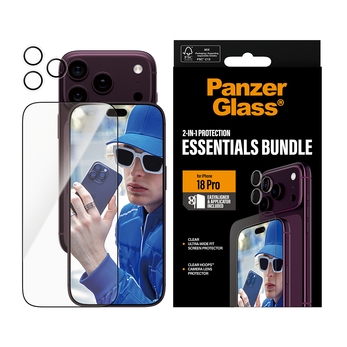 Siyah ambalaj yanında iPhone 18 Pro için ekran ve kamera lensi koruyuculu PanzerGlass Essentials Paketi.