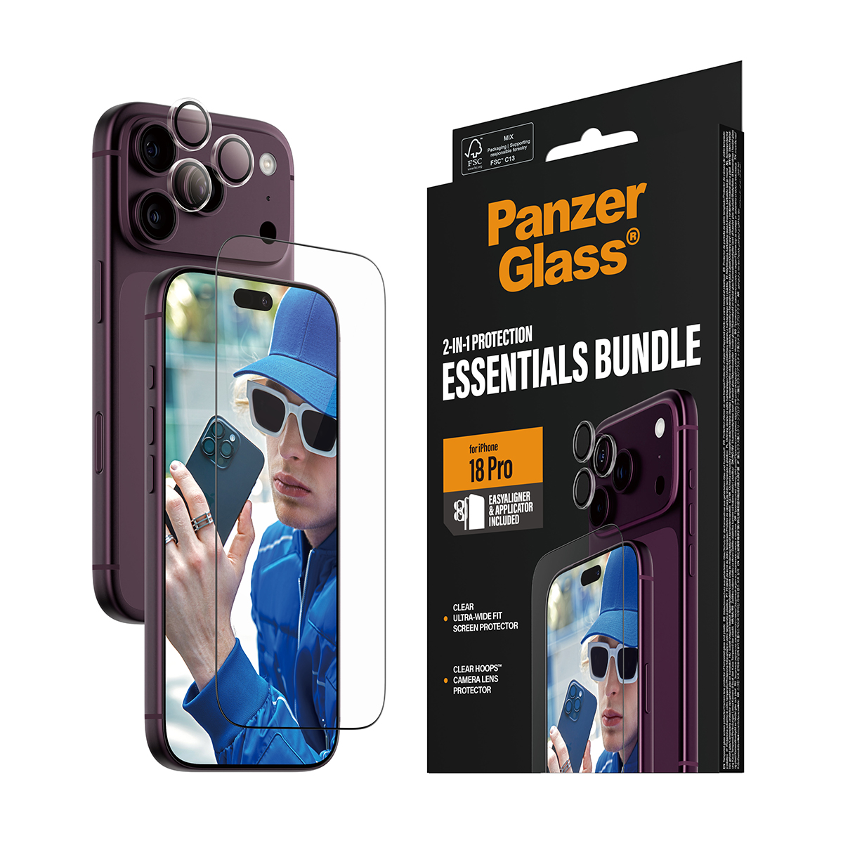 Mor bir iPhone için ekran koruyucu ve kamera lens koruyucu içeren PanzerGlass Essentials paketi.