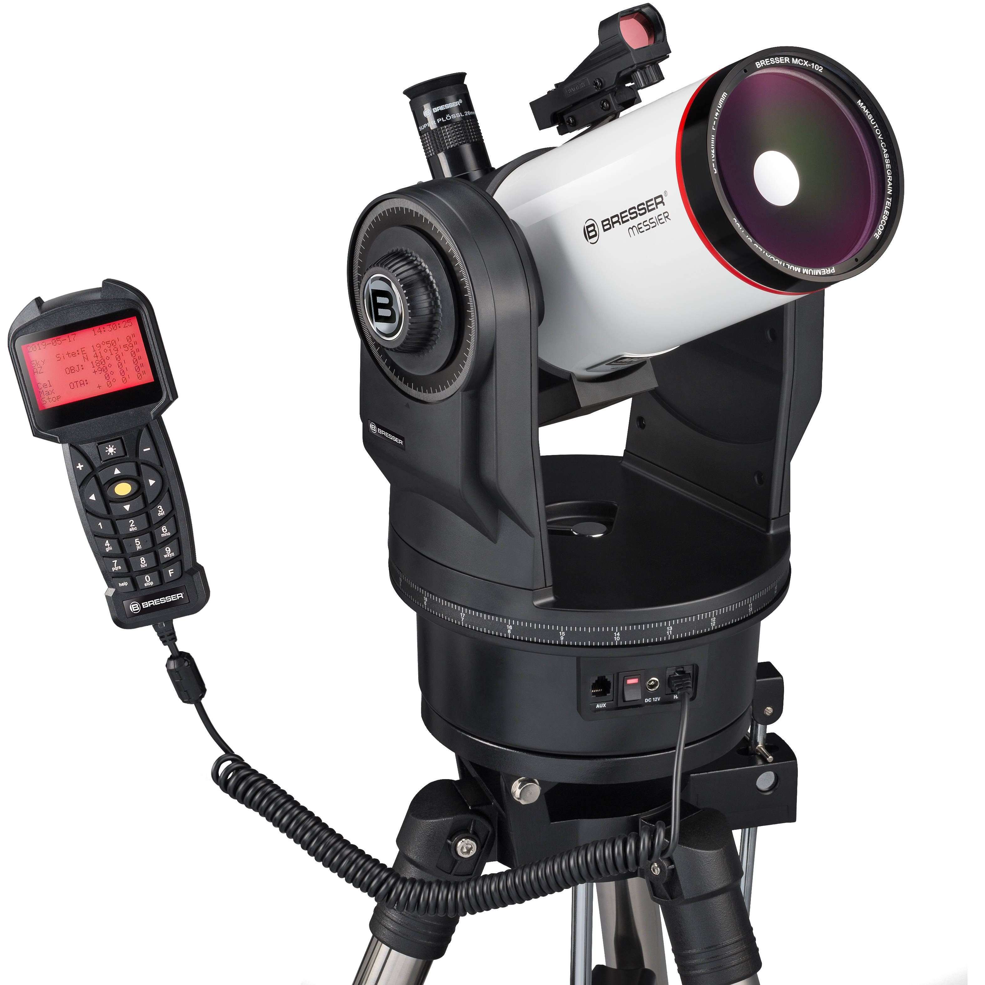 Un telescopio Bresser blanco y negro sobre un trípode con una caja de control manual conectada.