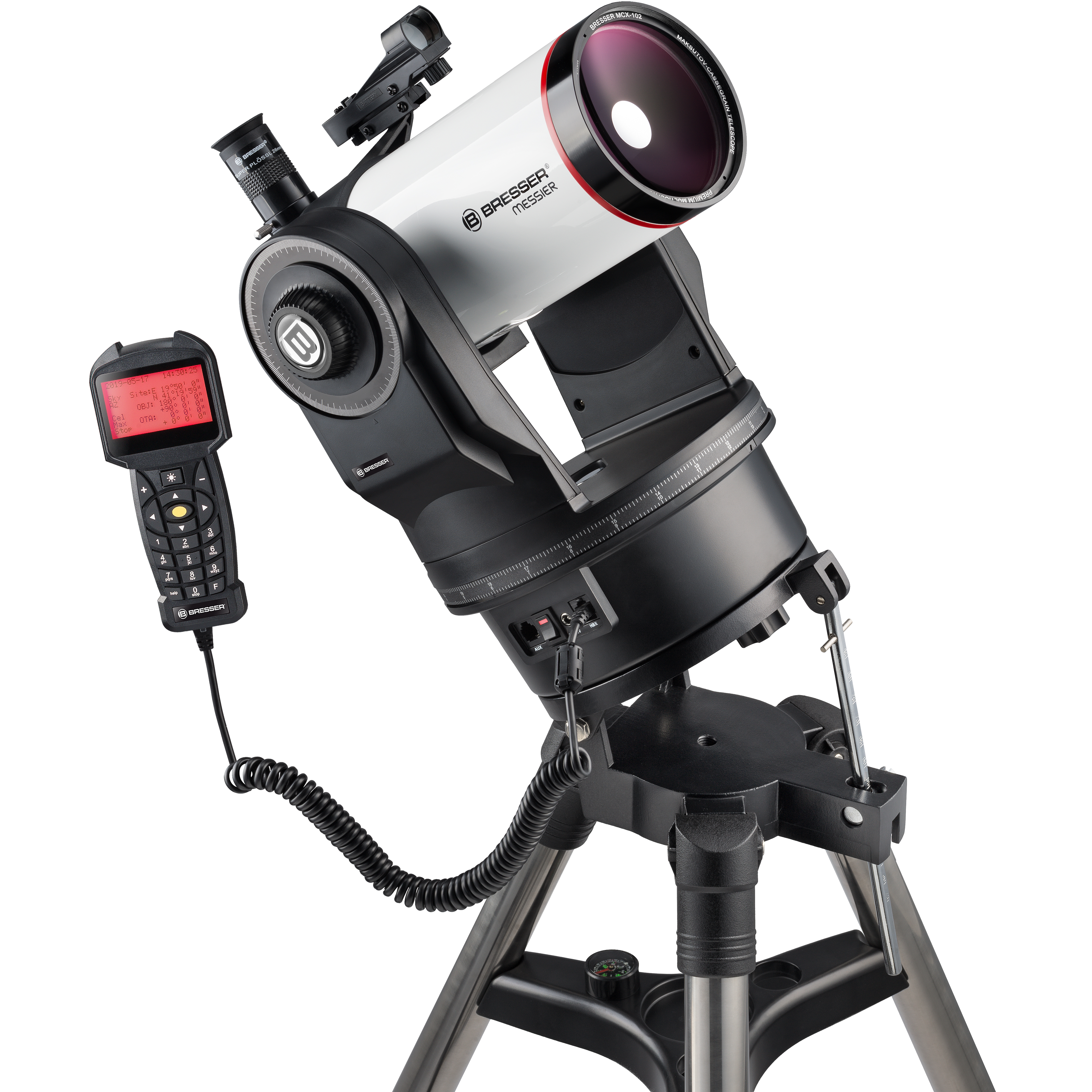 Un telescopio computerizado Bresser en un trípode con un controlador de mano sobre fondo blanco.