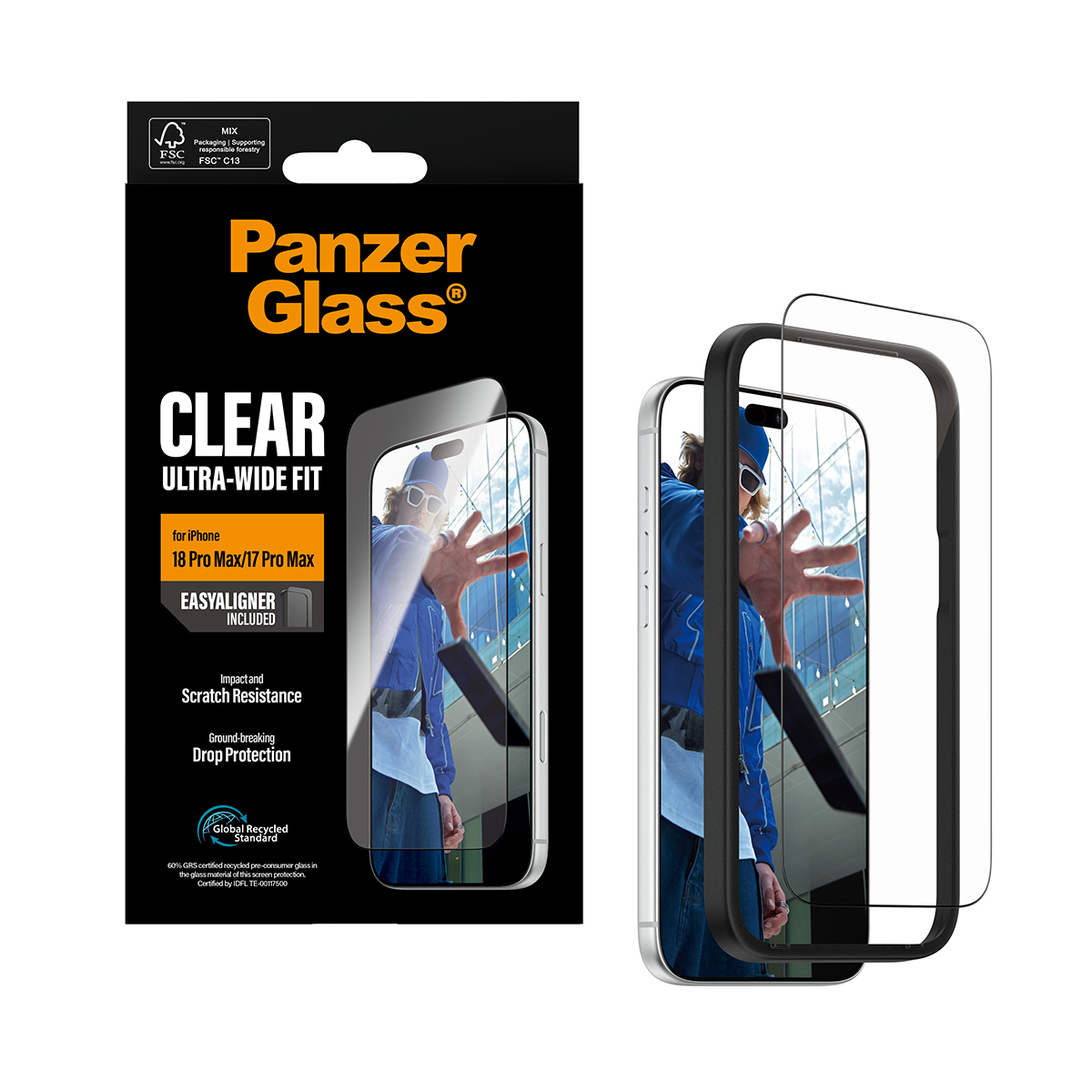 Confezione di pellicola protettiva PanzerGlass con immagine per iPhone 18 Pro Max/17 Pro Max e contenuto a fianco.