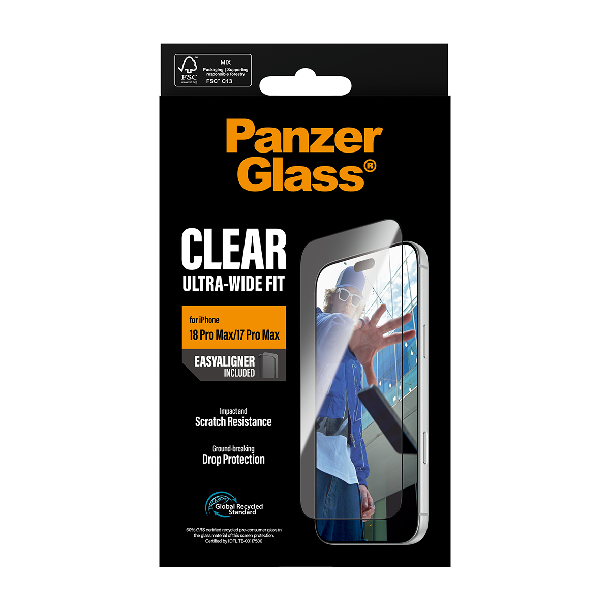 Confezione PanzerGlass per iPhone con pellicola protettiva trasparente e logo arancione.