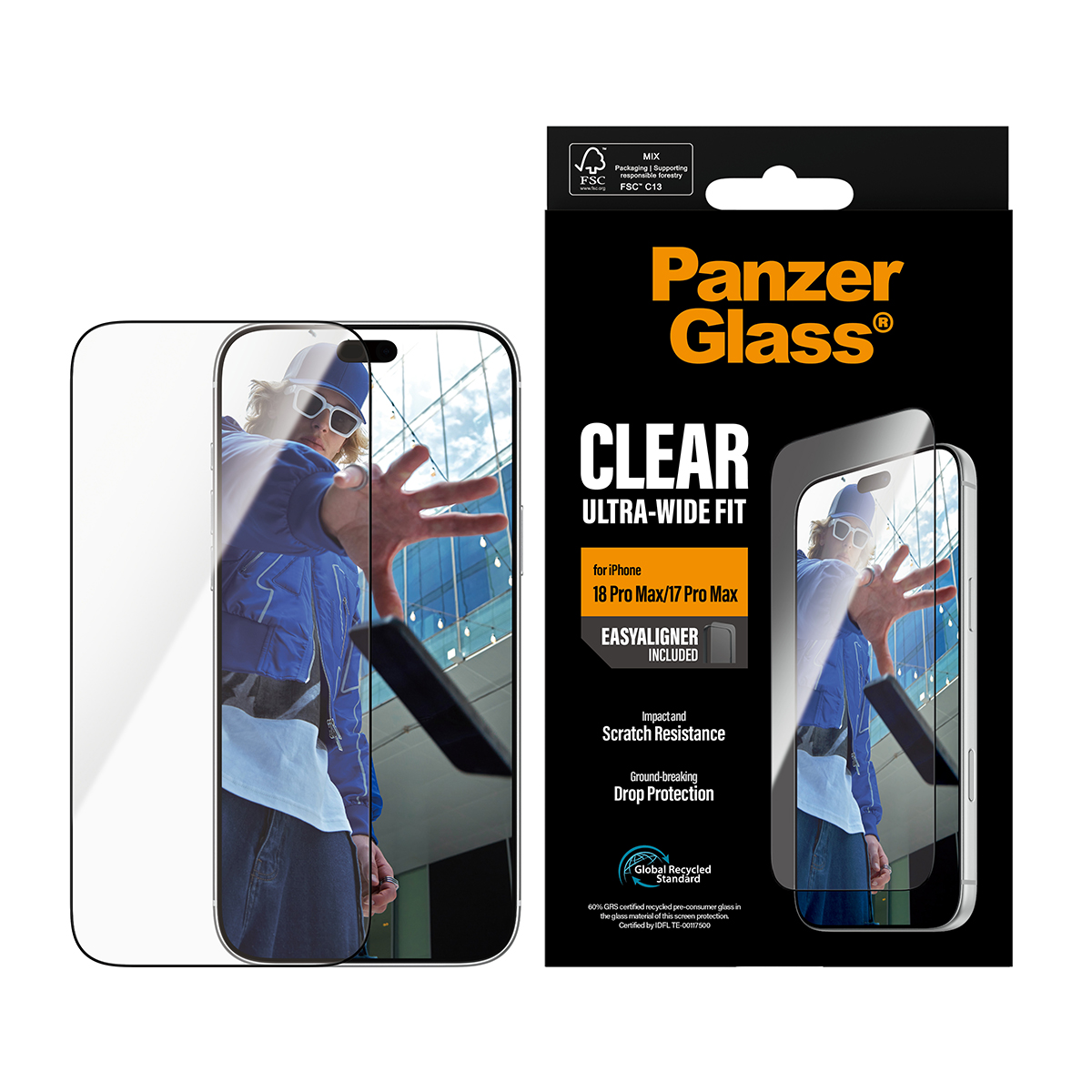 Confezione proteggi schermo PanzerGlass per iPhone 16 Pro Max, con vetro di protezione e scatola.