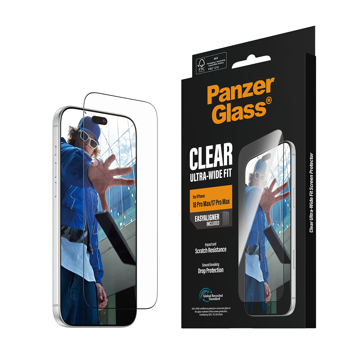Pellicola protettiva PanzerGlass per iPhone con confezione.