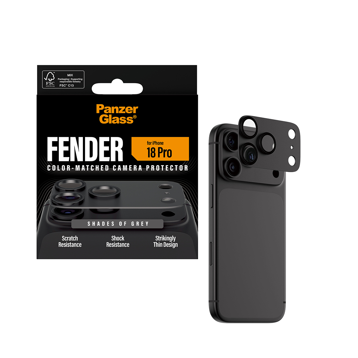 Koruyucu cam takılı siyah bir iPhone ve yanında PanzerGlass kamera koruyucu kutusu.