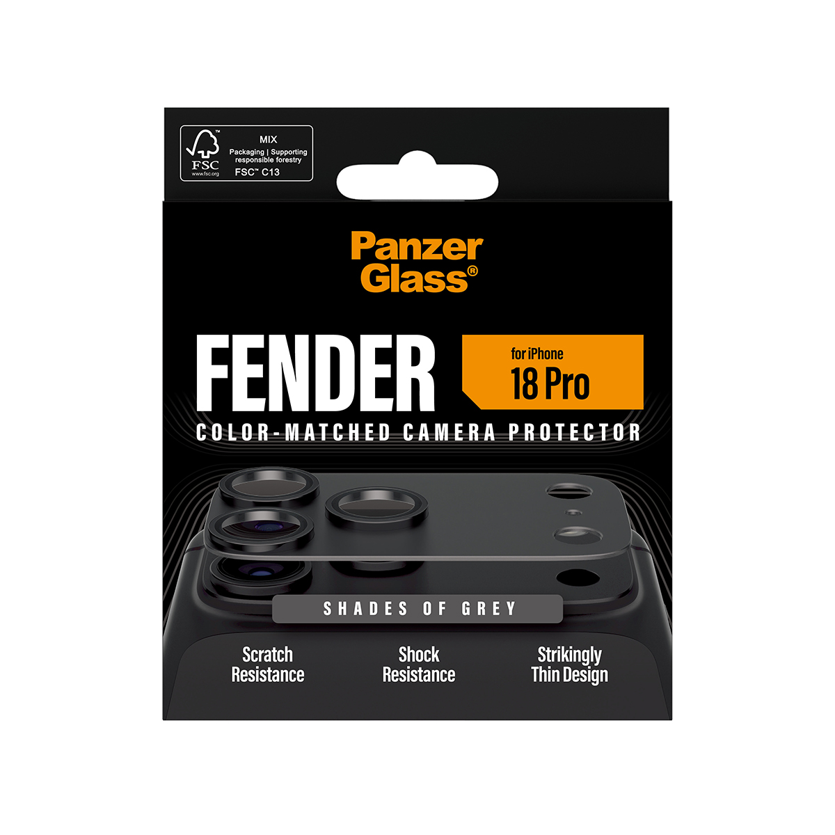 Gri renkli iPhone için PanzerGlass kamera koruyucu ambalajı.