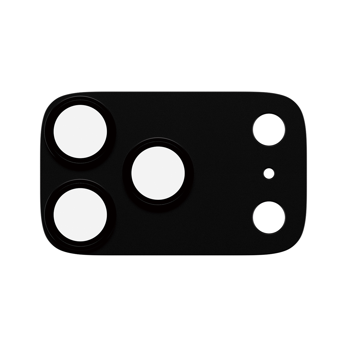 Copertura del modulo della fotocamera rettangolare nera con cinque aperture circolari su sfondo bianco.