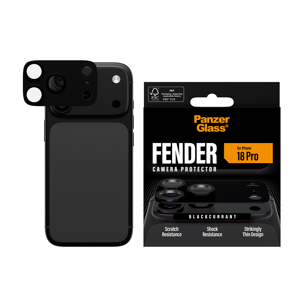 Uno smartphone nero con protezione per fotocamera e confezione etichettata PanzerGlass Fender per iPhone 18 Pro.