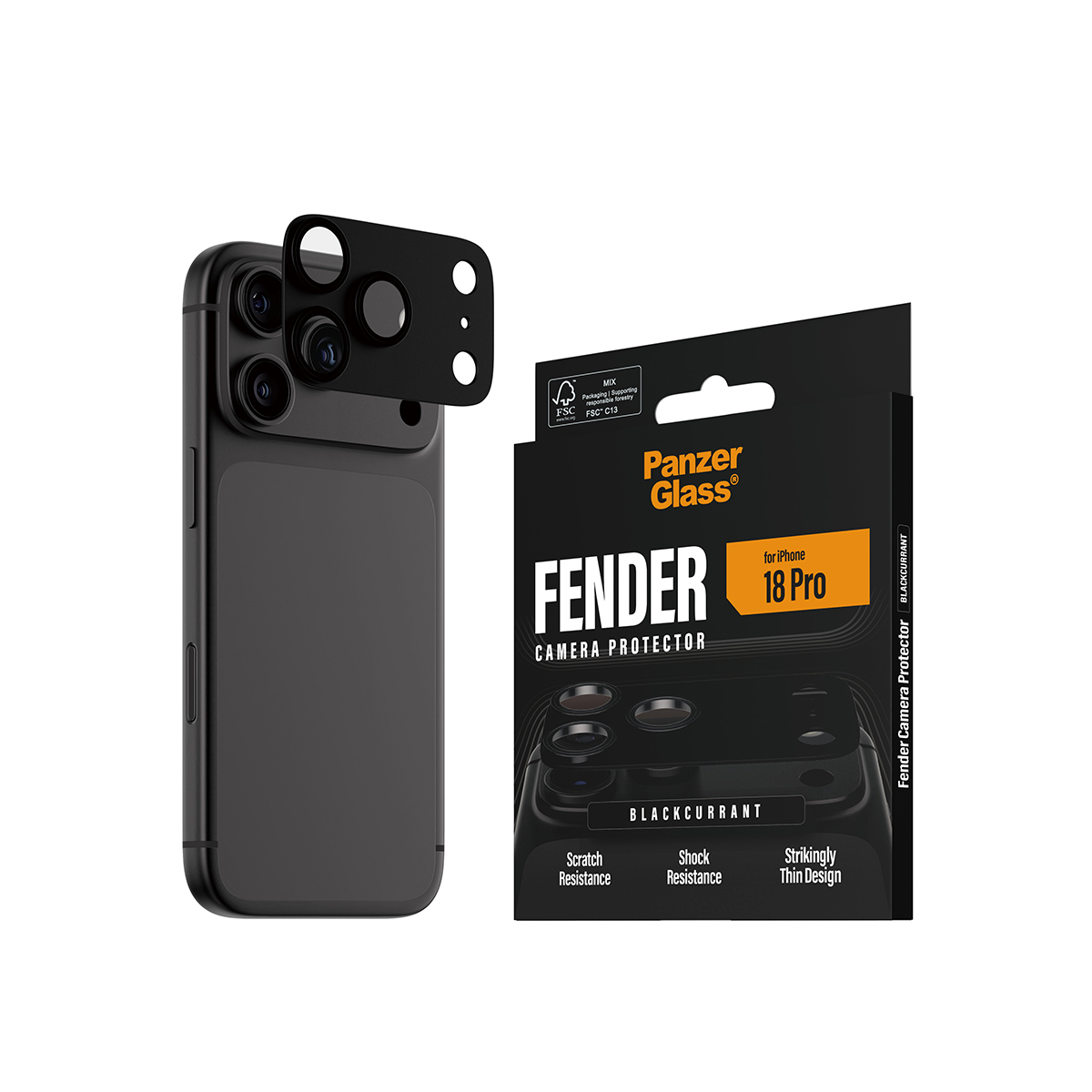 Proteggi fotocamera PanzerGlass per iPhone con custodia nera e confezione.