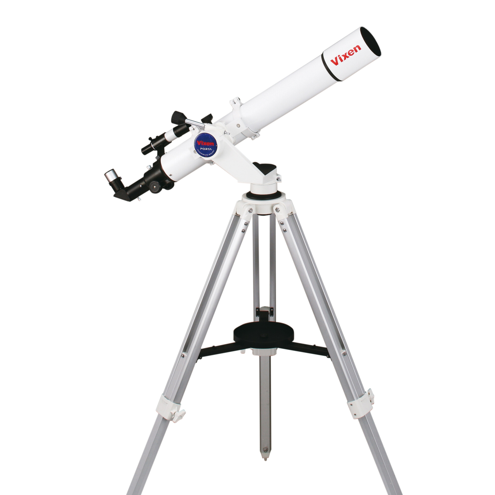 Un telescopio blanco Vixen montado en un trípode de metal resistente sobre fondo blanco.