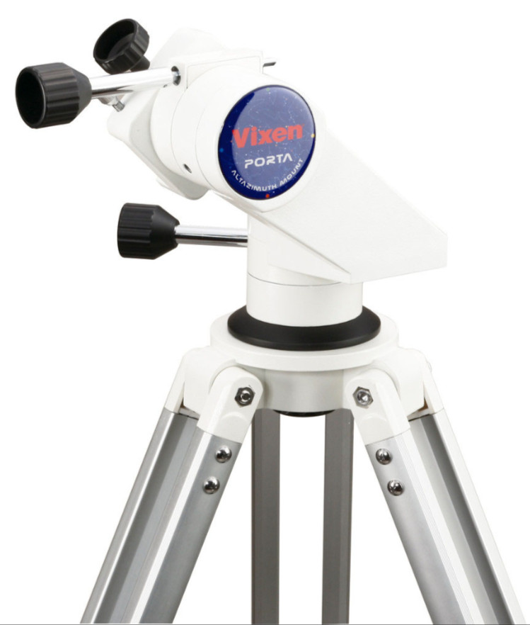 Montura de telescopio altazimutal Vixen Porta blanca con trípode plateado sobre fondo blanco.