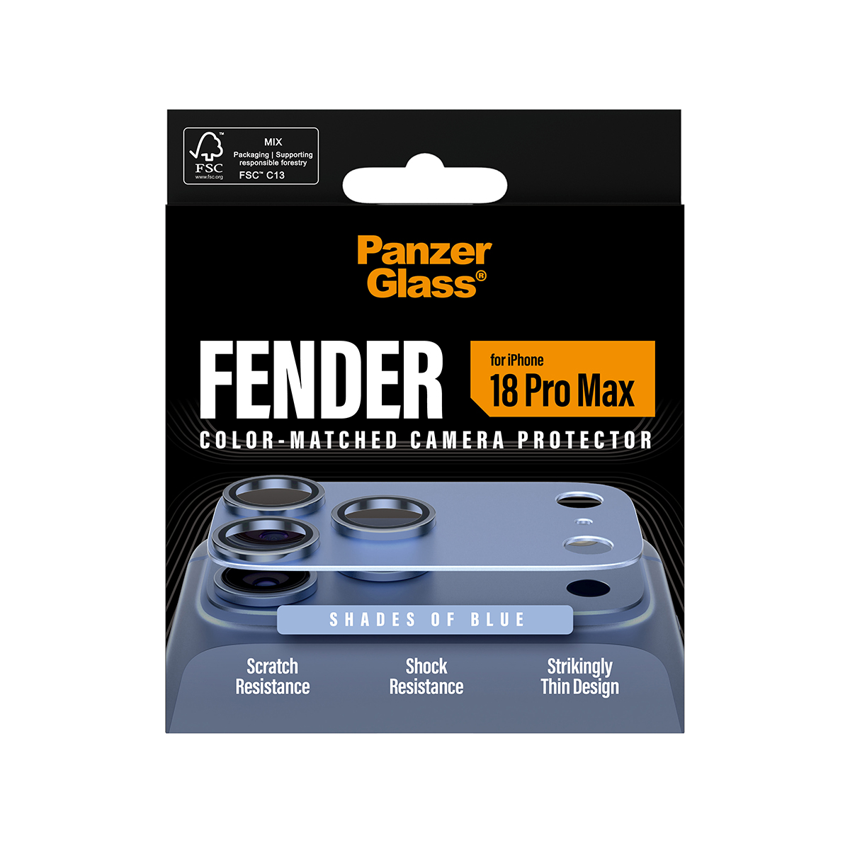 Mavi renkli iPhone için PanzerGlass kamera koruyucu ambalajı ve mavi lens kapakları.