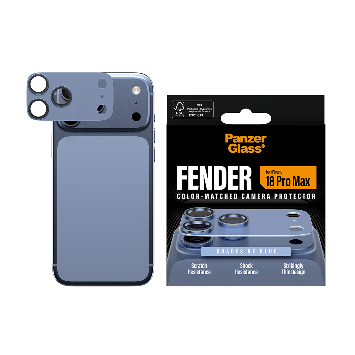 iPhone için PanzerGlass Fender renk uyumlu kamera koruyucu, mavi telefon ve siyah ambalaj ile.