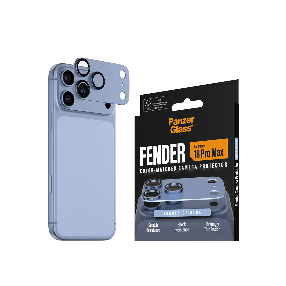 Kamera koruyuculu mavi telefon ve ürün ambalajı.