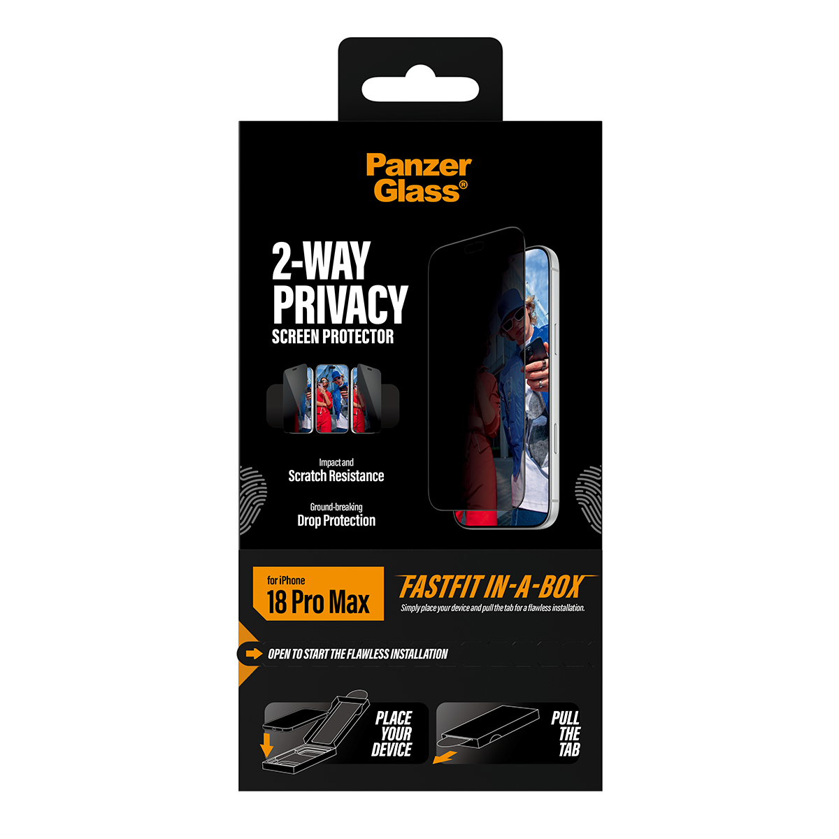 Scatola per pellicola protettiva per privacy PanzerGlass a 2 vie per iPhone 18 Pro Max.