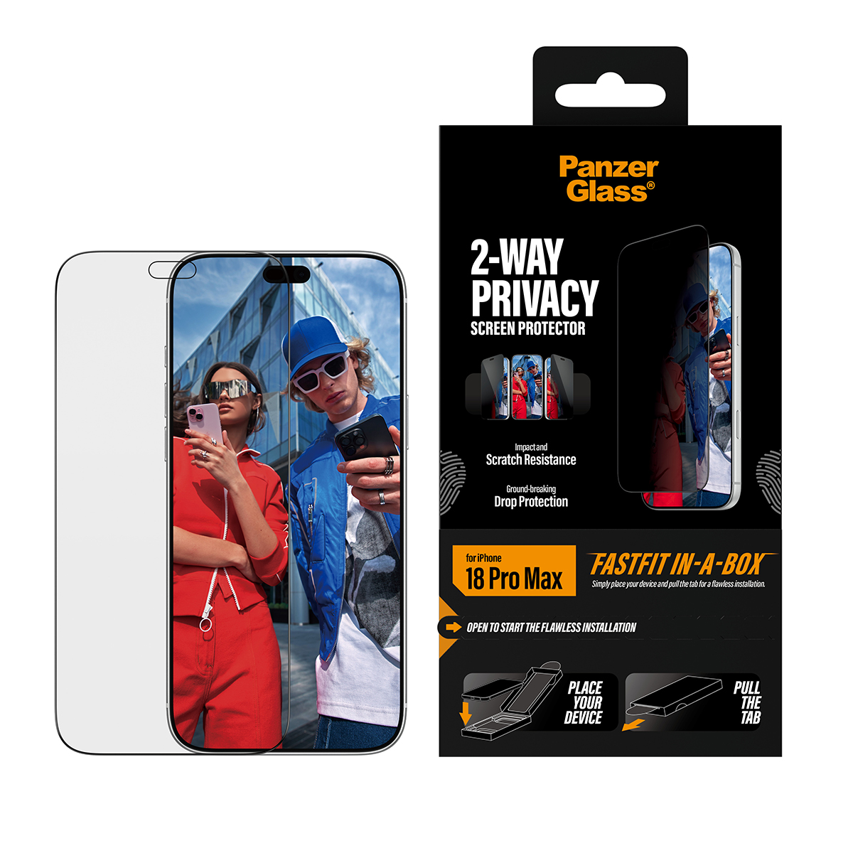 Confezione e contenuto di una pellicola protettiva per lo schermo a 2 vie PanzerGlass per iPhone 18 Pro Max.