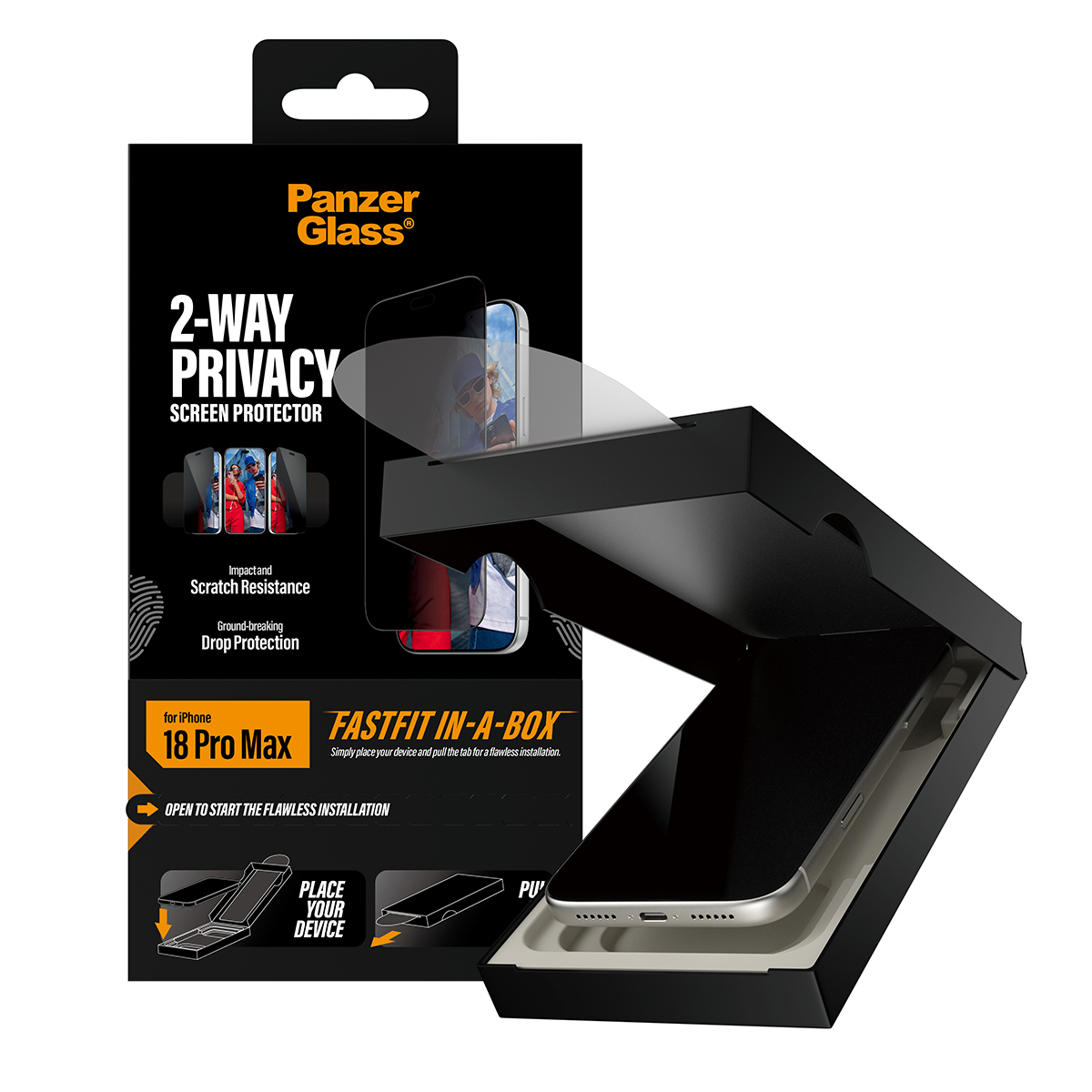 Scatola per pellicola protettiva per privacy a 2 vie PanzerGlass per iPhone 18 Pro Max con kit Fastfit.