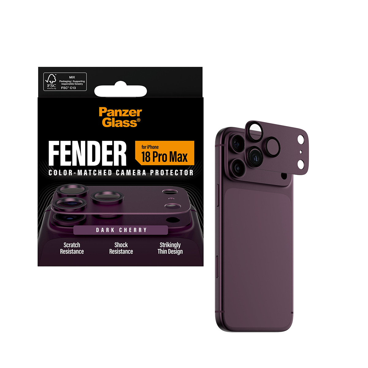 Koyu vişne rengi iPhone ve uyumlu lens koruyucusunun yanında PanzerGlass kamera koruyucu ambalajı.