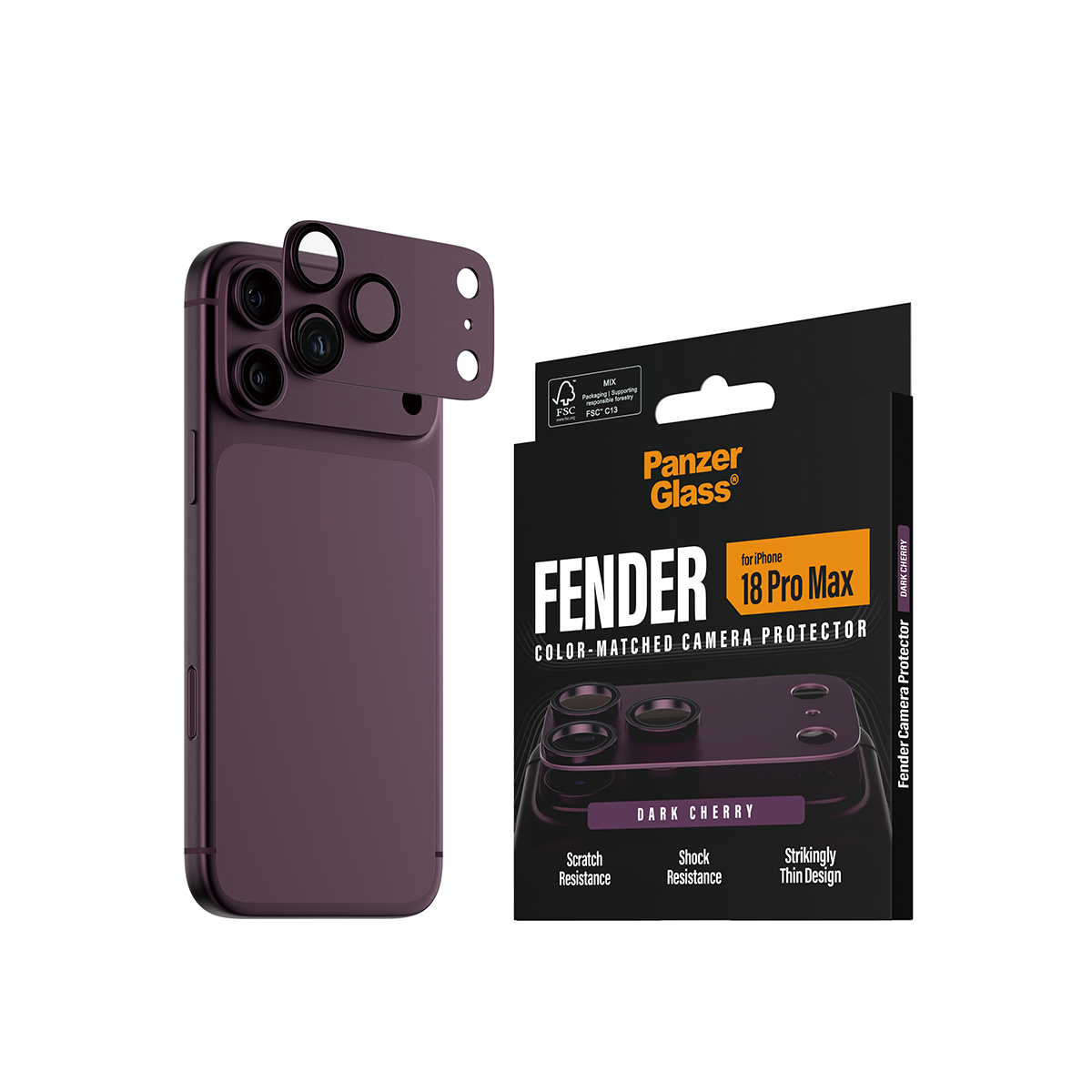 Koyu vişne rengi telefon kamera koruyucu, siyah ambalajının yanında.