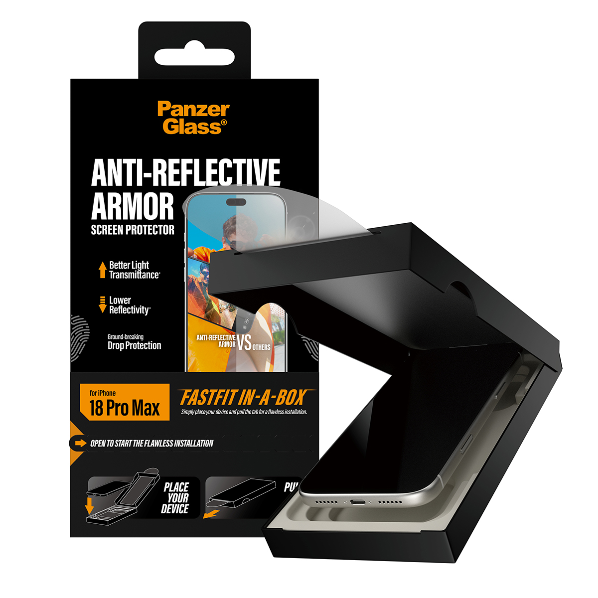 PanzerGlass Anti-Reflective Armor ambalajı ve iPhone 18 Pro Max gösteren açık kutu.