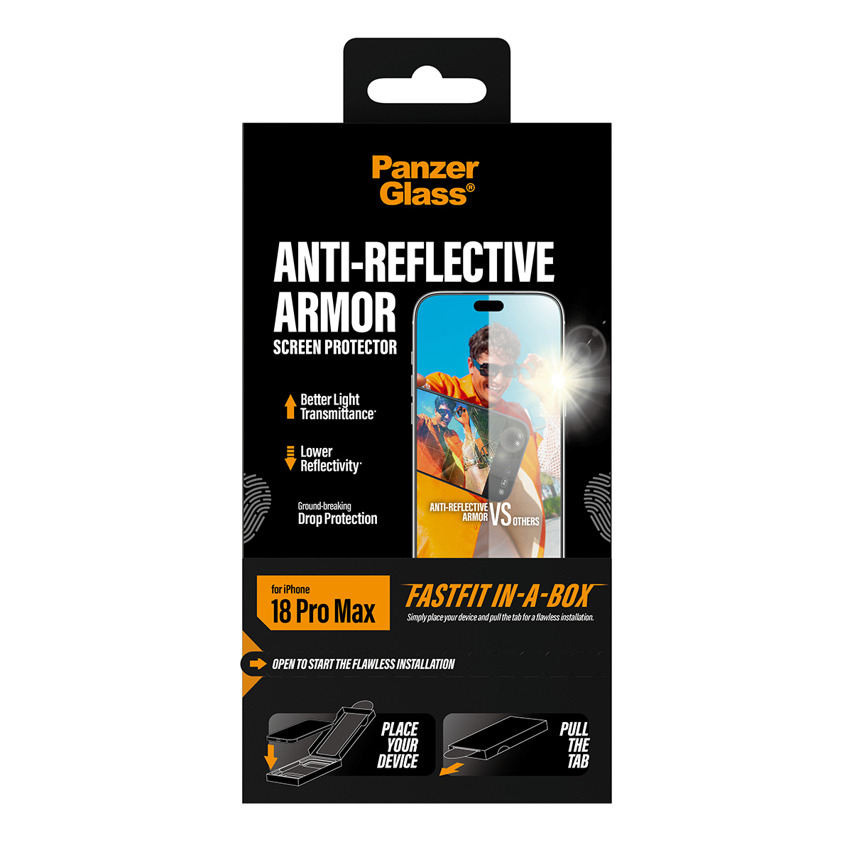 iPhone 18 Pro Max için PanzerGlass Anti-Reflective Armor ambalajı ve kurulum kılavuzu.