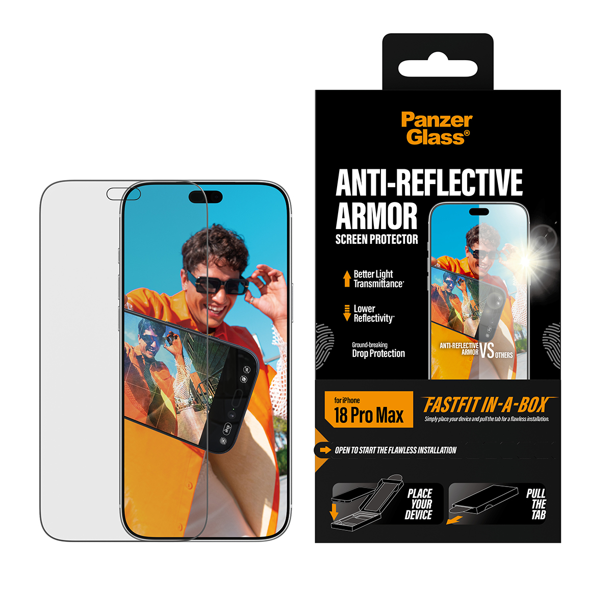 iPhone 18 Pro Max için PanzerGlass Anti-Reflective Armor ekran koruyucu ve ambalajı.