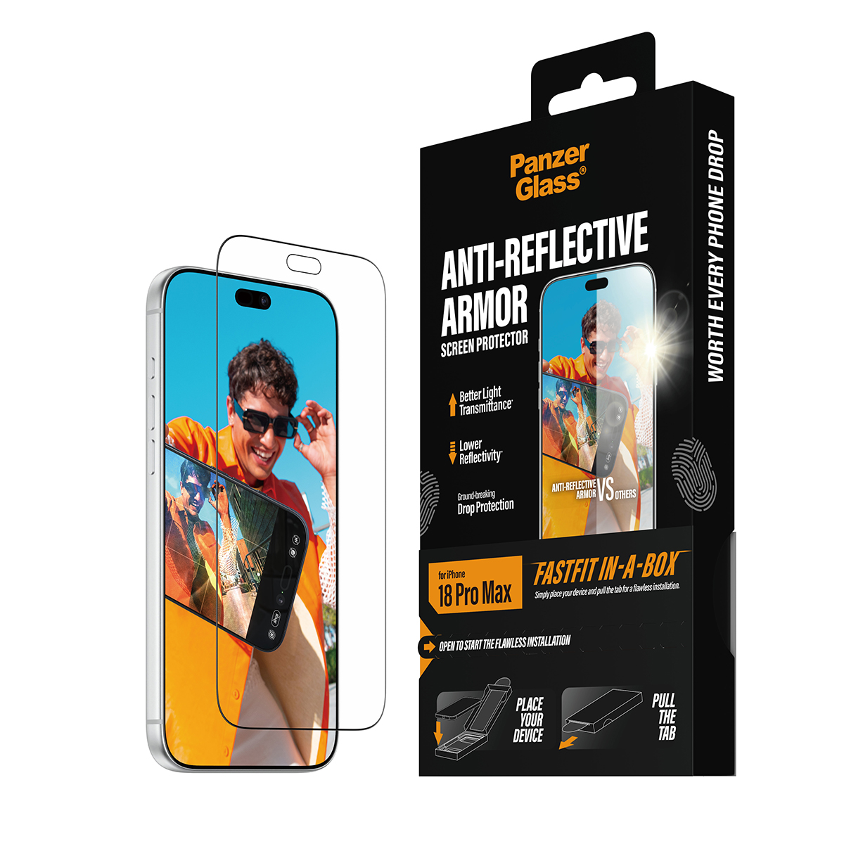 iPhone 18 Pro Max için PanzerGlass Anti-Reflective Armor ekran koruyucu, ambalajı ve uygulanmış camı ile.