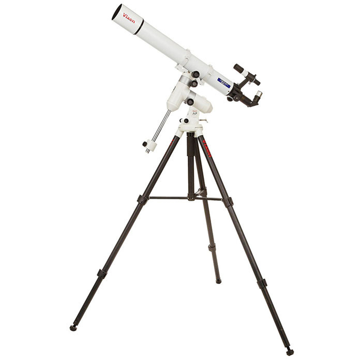 Un telescopio Vixen blanco montado en un trípode resistente sobre fondo blanco.