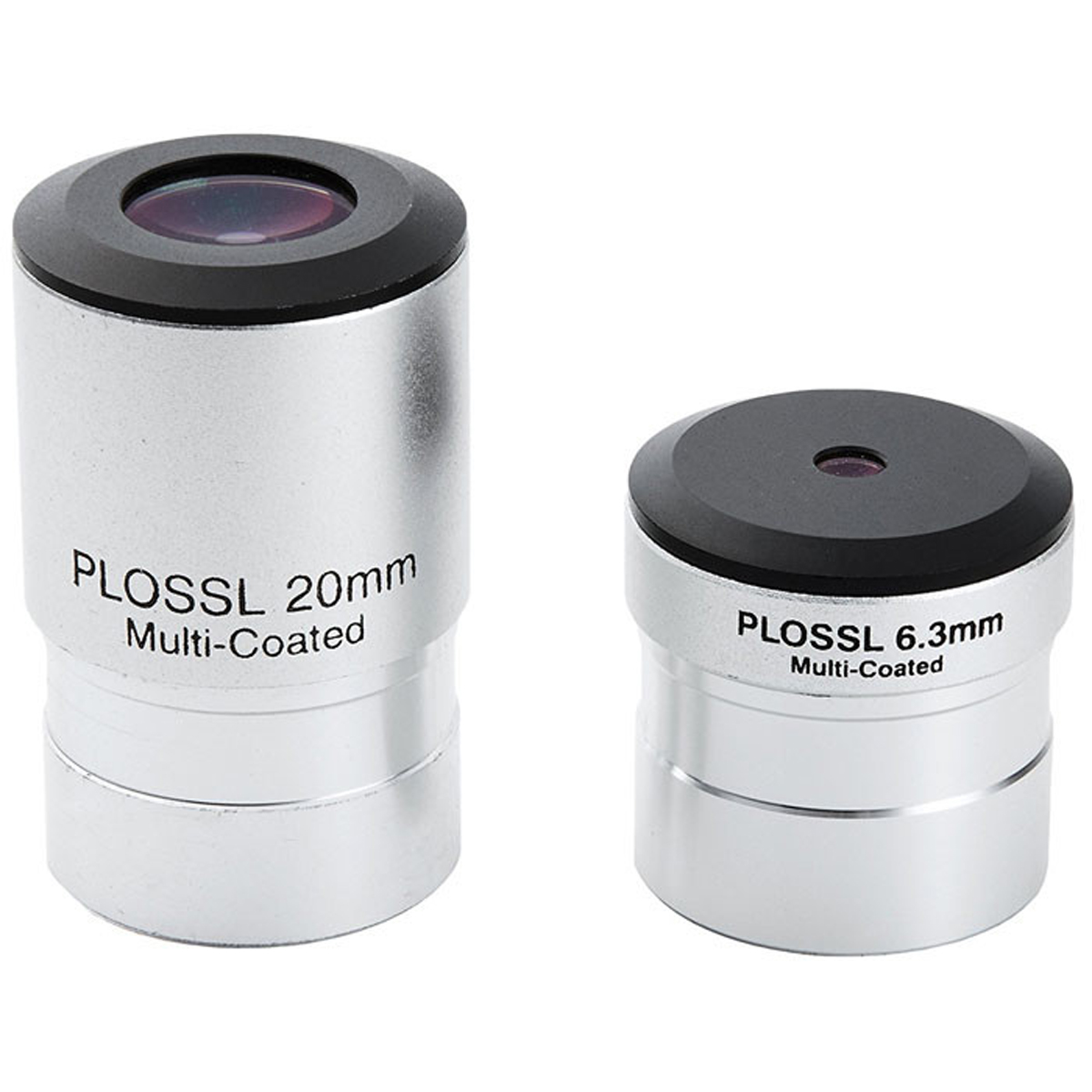 Dos oculares de telescopio Plössl plateados, de 20 mm y 6,3 mm, con lentes multicapa sobre fondo blanco.