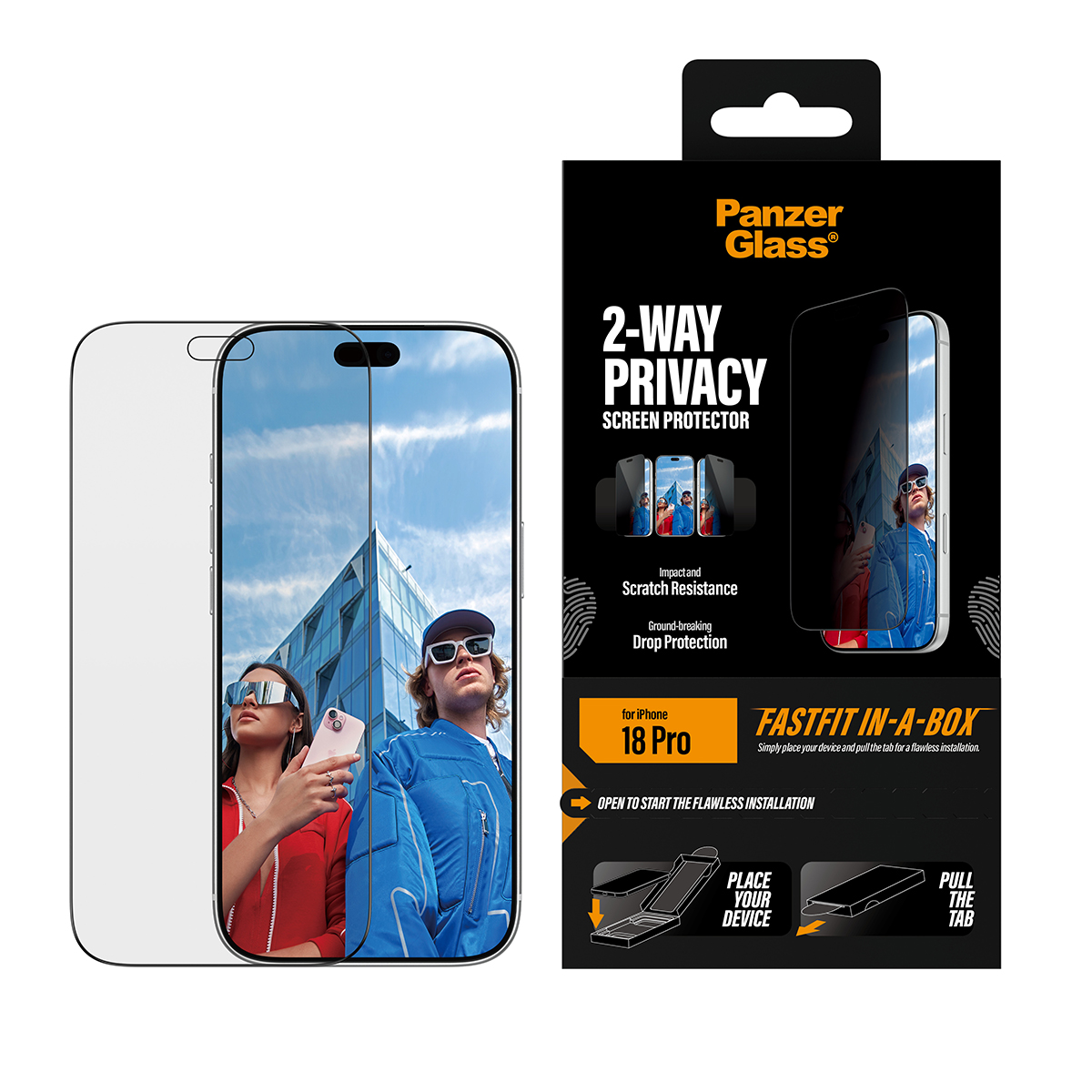 iPhone için PanzerGlass 2 Yönlü Gizlilik Ekran Koruyucusu ve ambalajı.