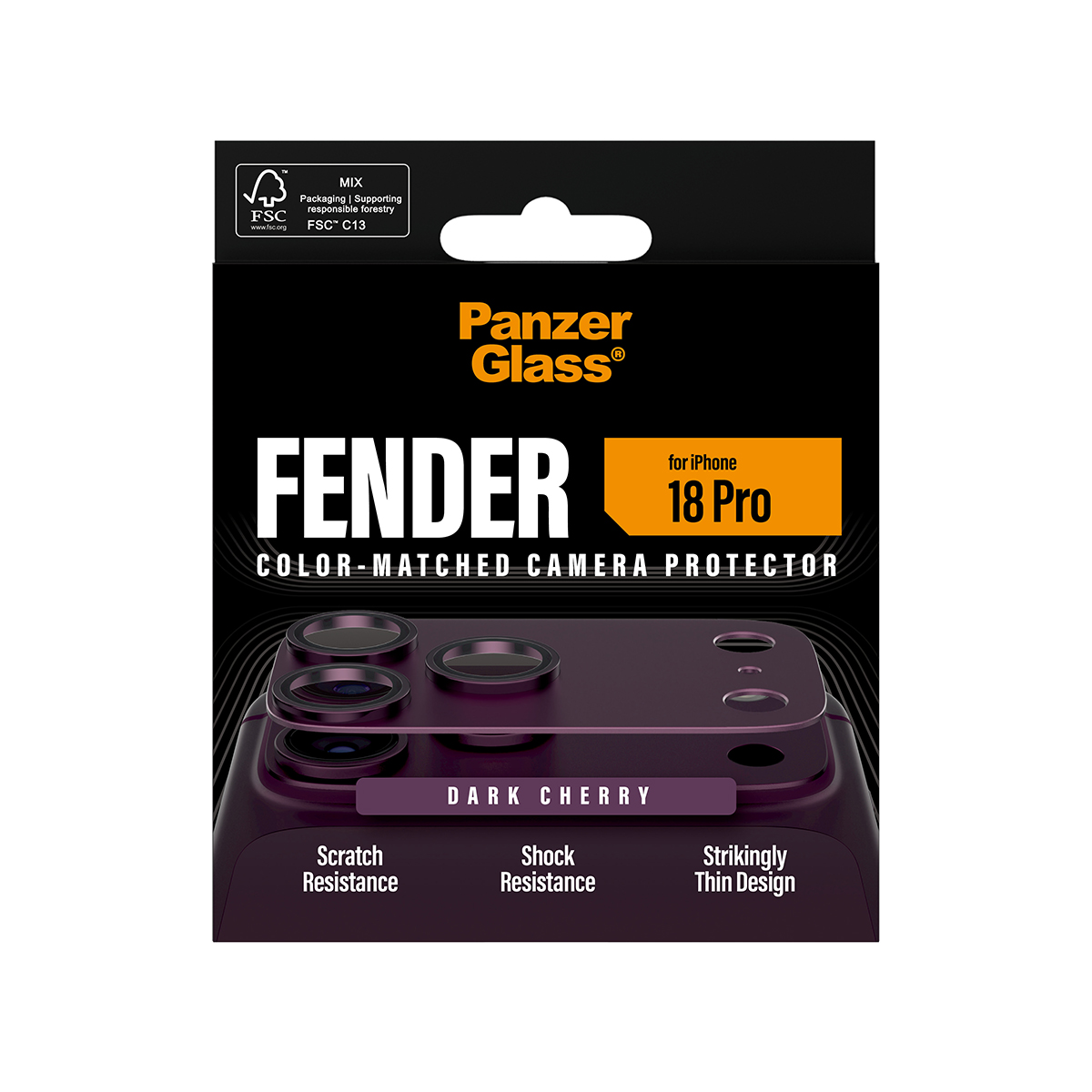 Koyu vişne renginde iPhone için PanzerGlass kamera koruyucu ambalajı ve özellikleri.