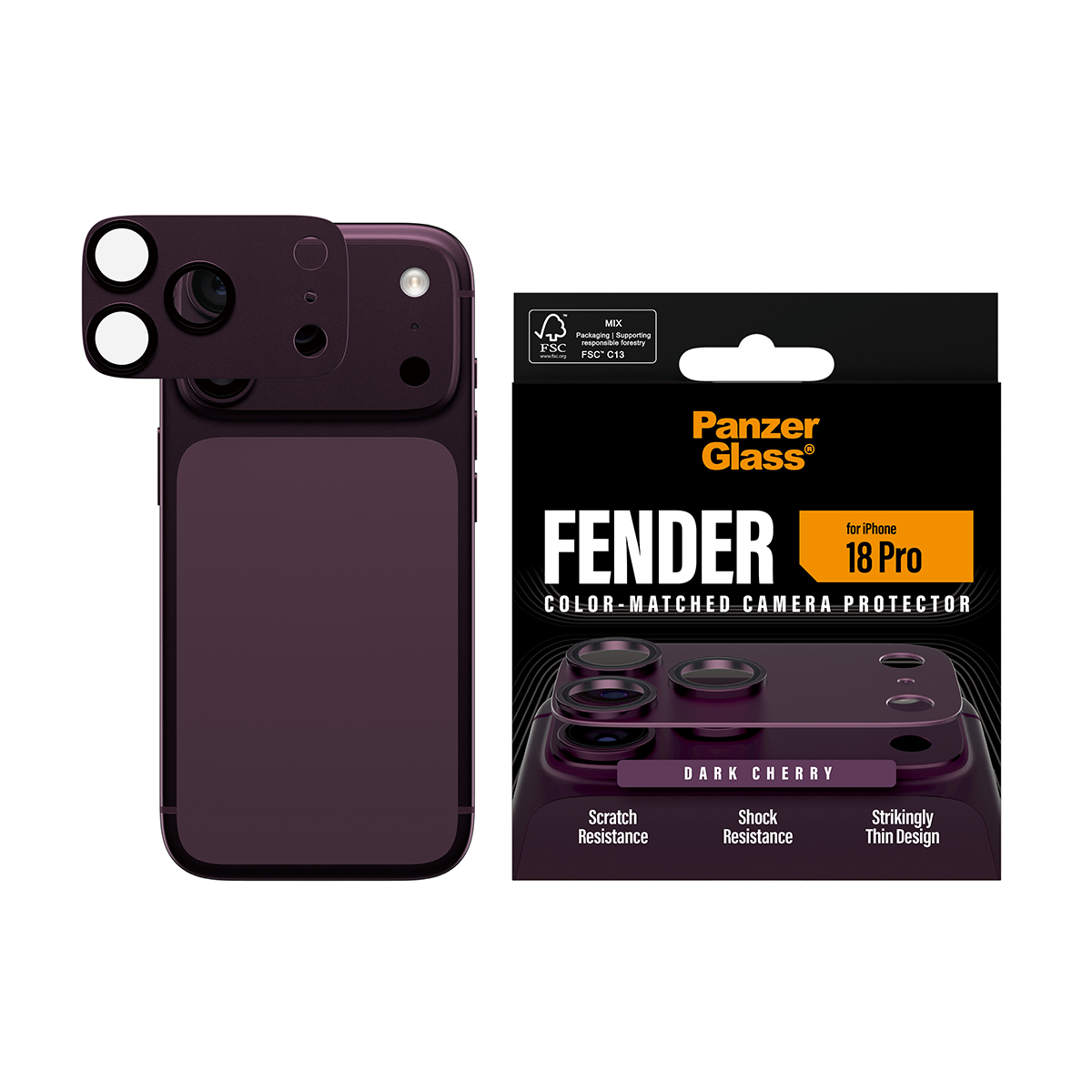 Koyu kiraz renginde iPhone 18 Pro için PanzerGlass Fender kamera koruyucu ve ambalajı.