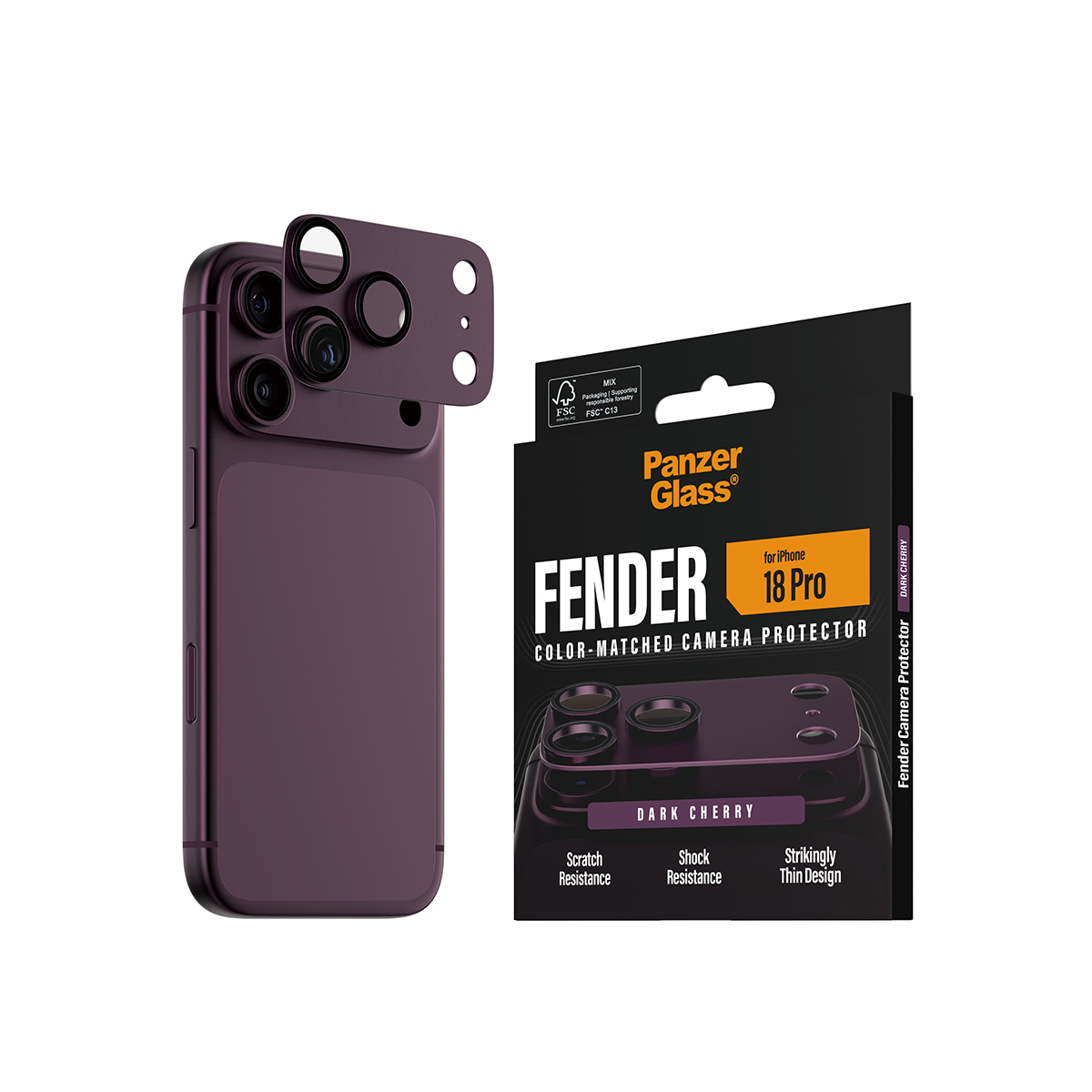 iPhone için koyu vişne rengi PanzerGlass kamera koruyucu ve ambalajı.