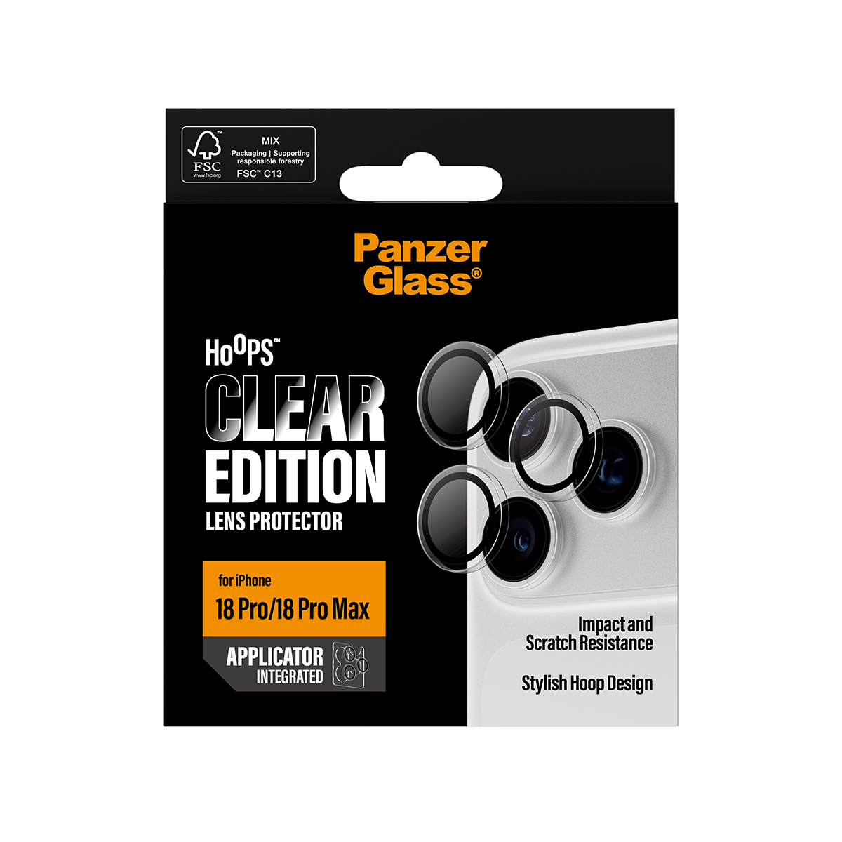 iPhone için PanzerGlass Hoops lens koruyucu ambalajı, turuncu detaylı siyah.