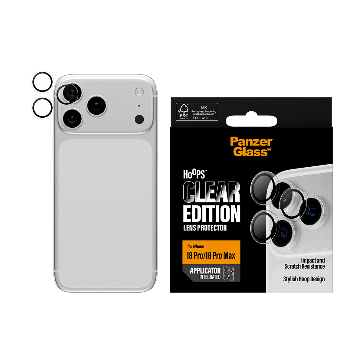 Ambalajlı iPhone için PanzerGlass Hoops lens koruyucu.
