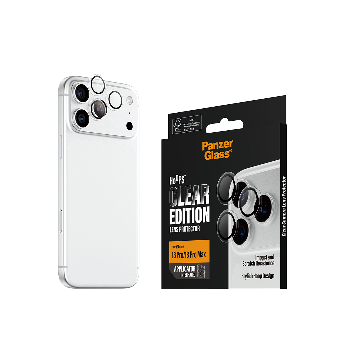 Kamera lens koruyuculu beyaz bir akıllı telefon ve PanzerGlass kutusu.
