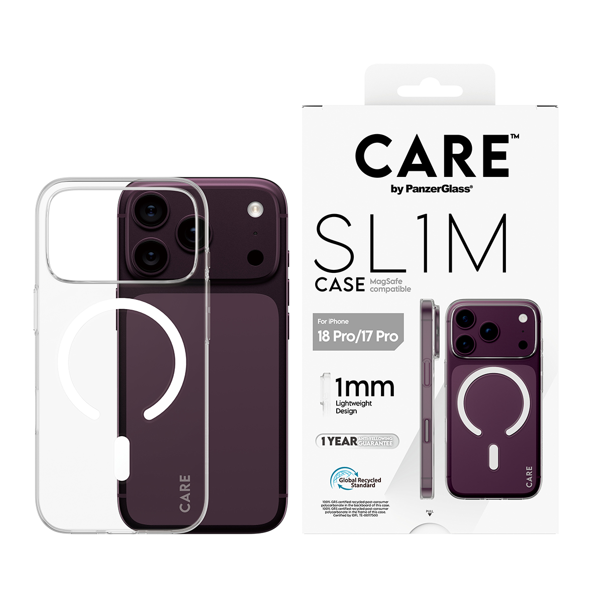Şeffaf MagSafe kılıflı mor akıllı telefon ve 'CARE SLIM CASE' yazılı ambalaj kutusu.