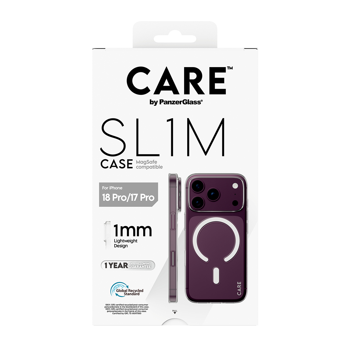 PanzerGlass'in iPhone için CARE Slim Kılıf ambalajı, şeffaf koruma ve MagSafe uyumluluğunu gösteriyor.
