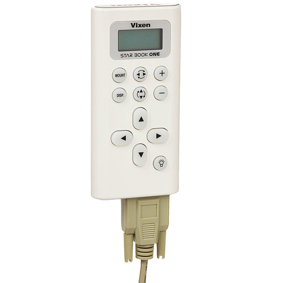 Control remoto blanco Vixen Star Book One con pantalla LCD, botones direccionales y cable conectado.