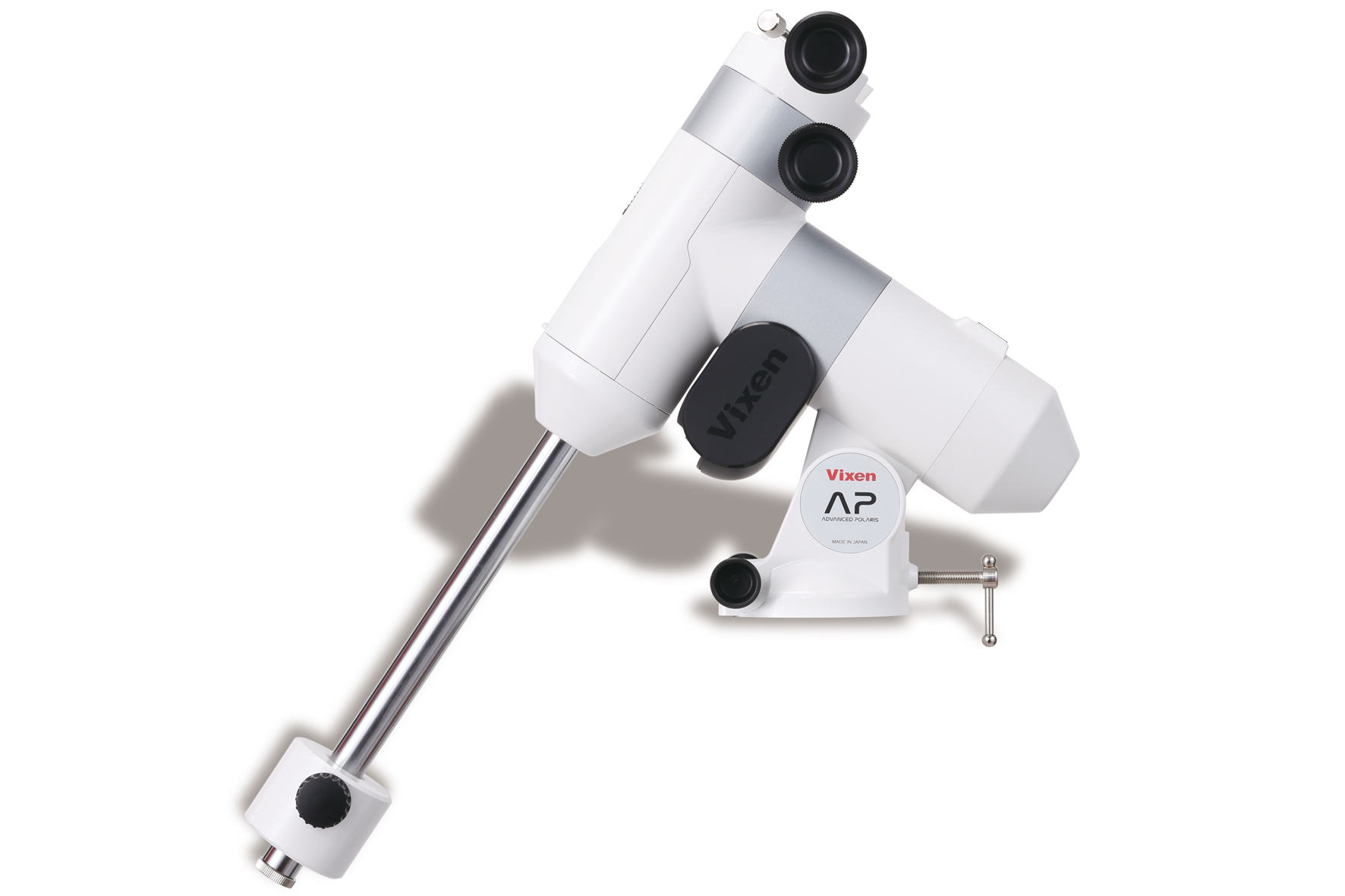 Montura de telescopio blanca Vixen Advanced Polaris con barra plateada sobre fondo blanco.