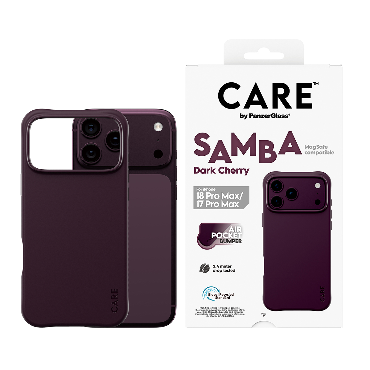 Ambalajında iPhone için koyu vişne rengi CARE Samba telefon kılıfı.