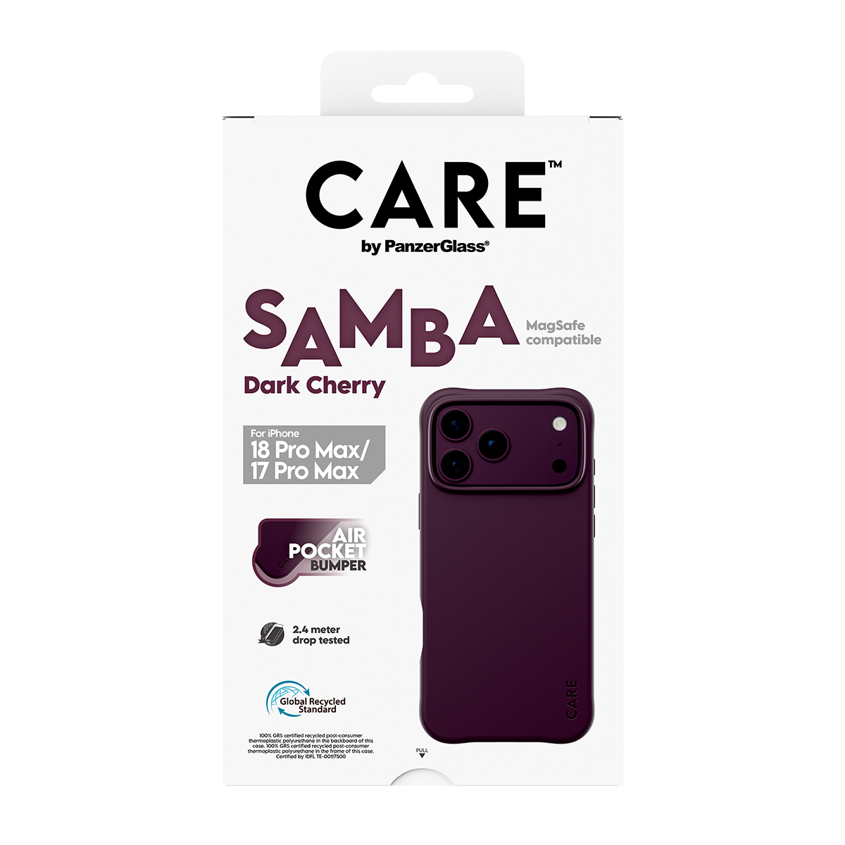 iPhone için Care by PanzerGlass Samba koyu kiraz rengi telefon kılıfı ambalajı, ürün ve özellikleri gösteriyor.