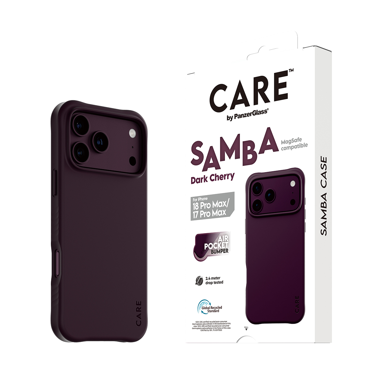 Koyu vişne çürüğü renginde CARE Samba telefon kılıfı ve kutusu.