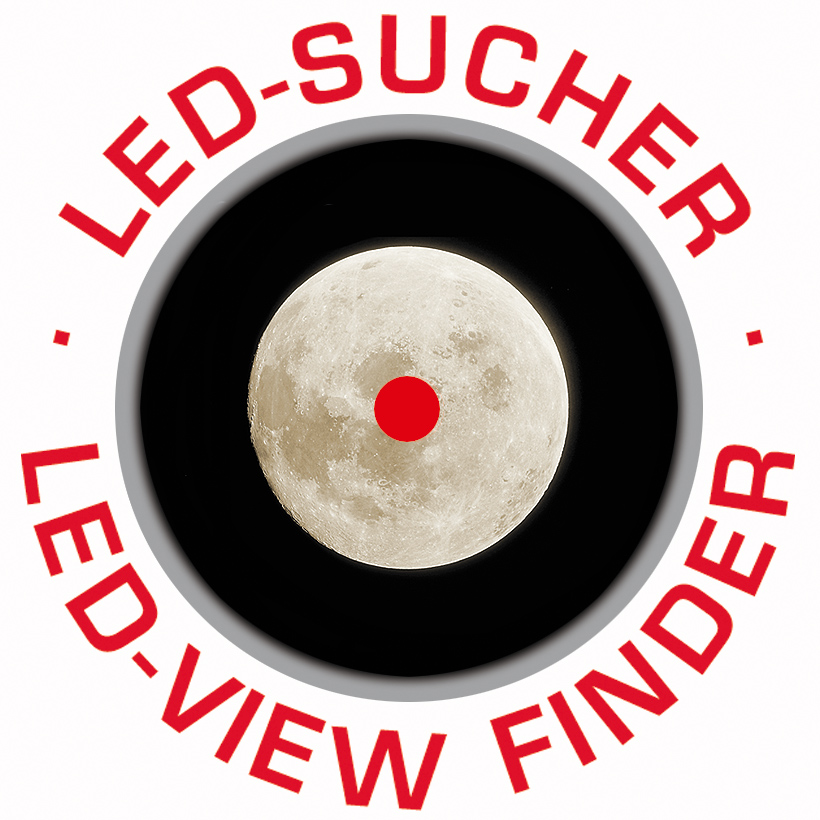 Logotipo circular con luna y punto rojo, rodeado por el texto LED-SUCHER y LED-VIEW FINDER.