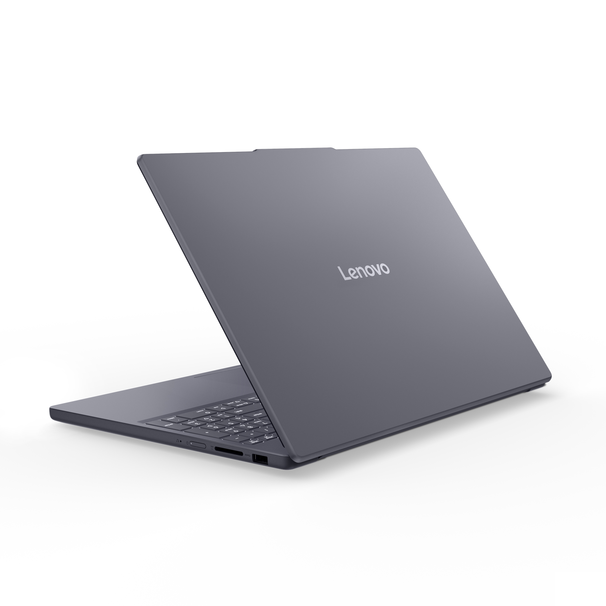 Beyaz arka planda gri bir Lenovo dizüstü bilgisayar, arkadan görünüm.